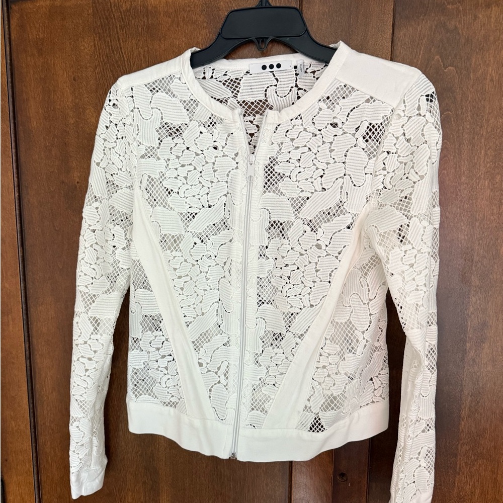 Three Dots Cream Lace Zip-Front Jacket